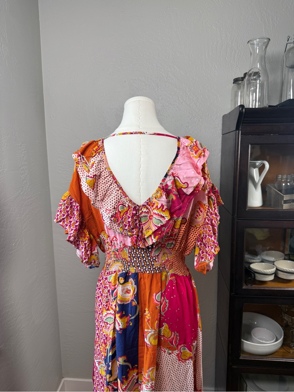 Lapis Patchwork Paisley Boho Smocked Waist On or Off Shoulder Dress Size M - Picture 3 of 9